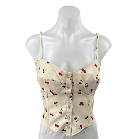 RESA Cream Red Cherry Print Sleeveless Corset Bustier Button Cami Crop Top M - Picture 1 of 3